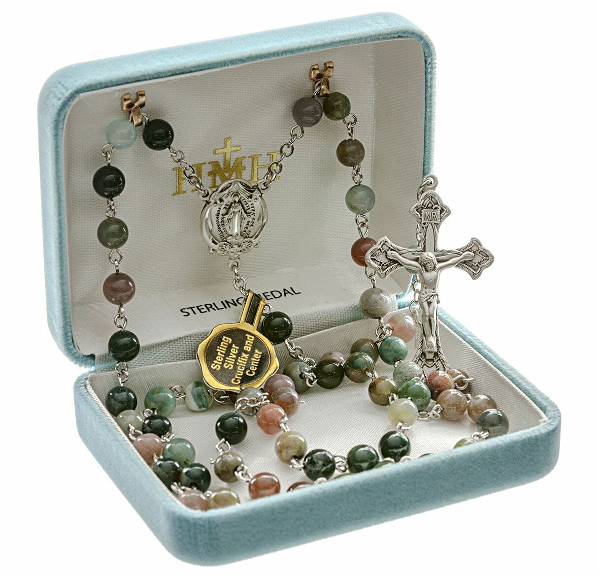 Round Genuine India Agate Rosary Sterling Crucifix And Centerpiece