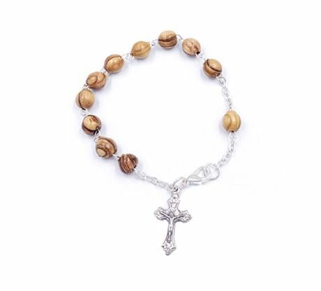 7.5" Silver Plated Olive Wood Rosary Bracelet