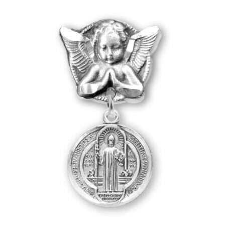 Saint Benedict Round Medal on an Angel Pin