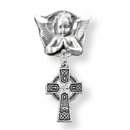 Sterling Silver Irish Baby Irish Celtic cross Pendant on a Angel Pin