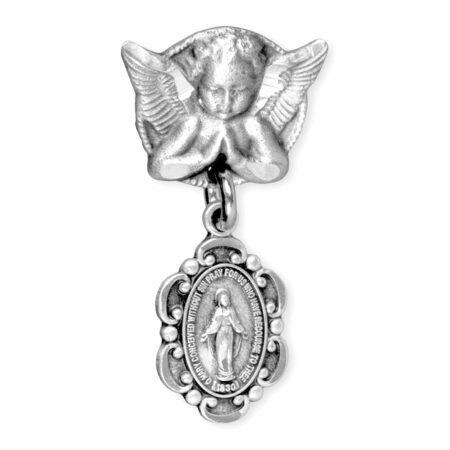 Sterling Silver Oval Fancy Edge Miraculous Baby Medal on an Angel Pin