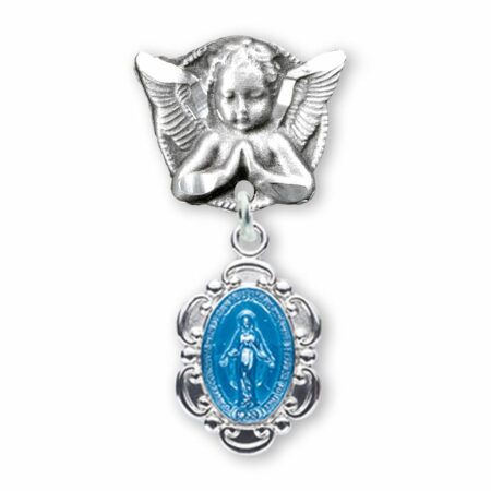 Blue Enameled Oval Fancy Edge Miraculous Baby Medal on an Angel Pin