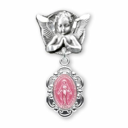 Pink Enameled Miraculous Baby Medal on an Angel Pin