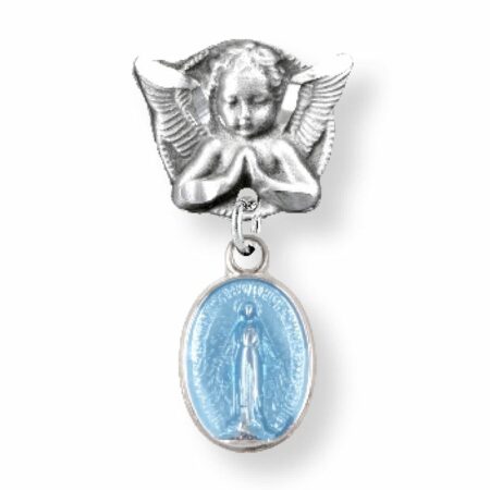 Blue Enameled Oval Sterling Silver Baby Miraculous Baby Medal on an Angel Pin