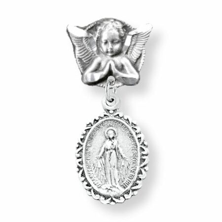 Sterling Silver Oval Fancy Edge Miraculous Baby Medal on an Angel Pin