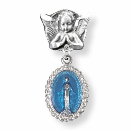 Blue Enameled Oval Fancy Edge Sterling Silver Baby Miraculous Baby Medal on an Angel Pin