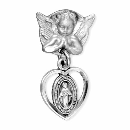 Sterling Silver Pierced Heart Baby Miraculous Medal on an Angel Pin