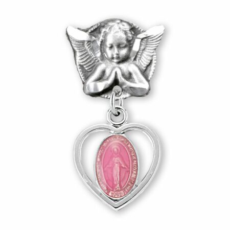 Pink Enameled Pierced Heart Sterling Silver Baby Miraculous Medal on an Angel Pin