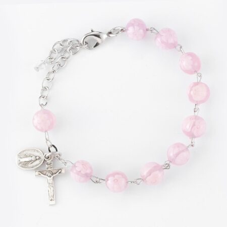 Pink Venetian Round Glass Bead Sterling Silver Rosary Bracelet