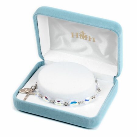 Sterling Silver Rosary Bracelet Created with 5mm x 9mm Aurora Borealis Swarovski Crystal Flat Oval Beads by HMH