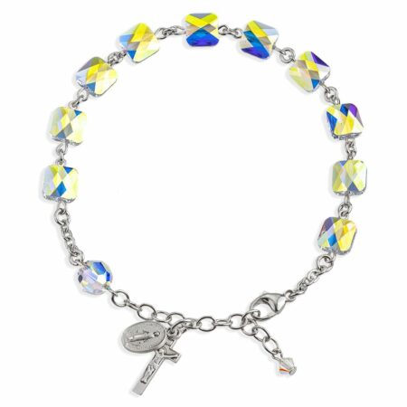 Sterling Silver Rosary Bracelet Created with 8mm Aurora Borealis Swarovski Crystal Multi-Faceted Square Beads by HMH