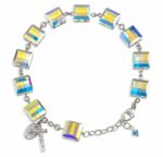 Sterling Silver Rosary Bracelet Created with 10mm Aurora Borealis Swarovski Crystal Square Beads by HMH