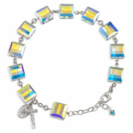 Sterling Silver Rosary Bracelet Created with 10mm Aurora Borealis Swarovski Crystal Square Beads by HMH
