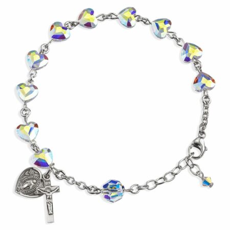 Sterling Silver Rosary Bracelet Created with 8mm Aurora Borealis Swarovski Crystal Heart Shape Beads by HMH