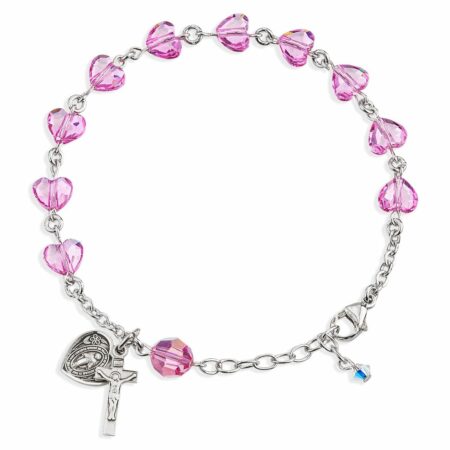 Sterling Silver Rosary Bracelet Created with 8mm Pink Swarovski Crystal Heart Shape Beads by HMH