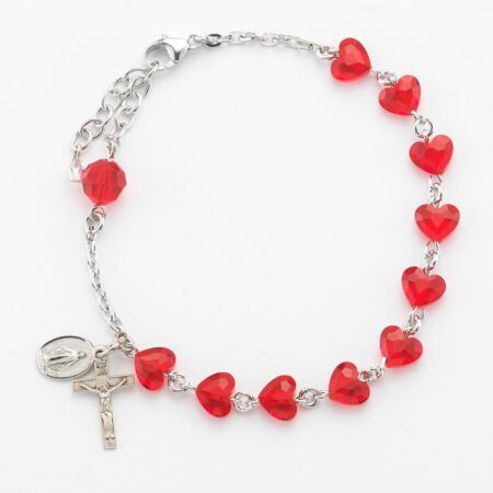 Sterling Silver Rosary Bracelet Created with 8mm Red Swarovski Crystal Heart Shape Beads by HMH