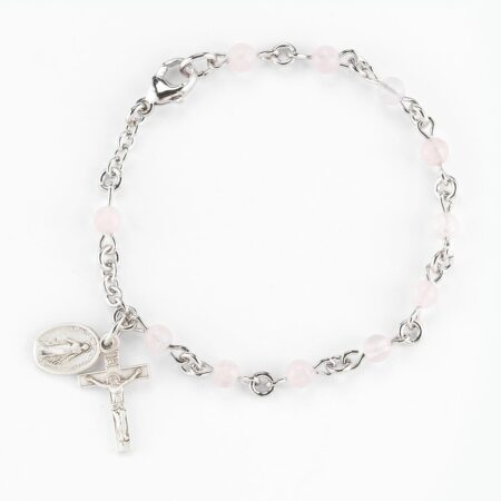 Genuine Round Rose Quartz Sterling Silver Rosary Bracelet