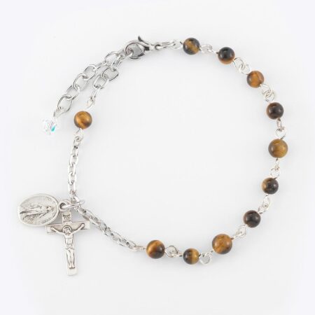 Genuine Round Tiger Eye Sterling Silver Rosary Bracelet