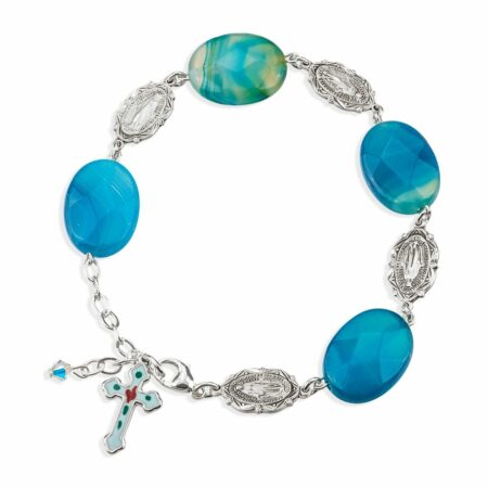 Blue Agate Faceted Stone with Sterling Silver Miraculous Medals Rosary Bracelet