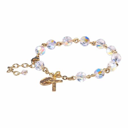 Gold Over Sterling Silver Rosary Bracelet Created with 7mm Aurora Borealis Swarovski Crystal Round Beads by HMH