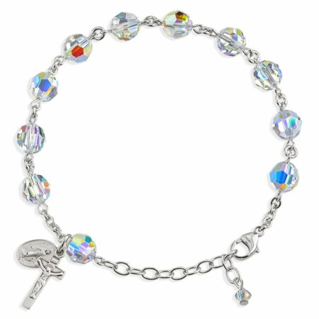 Sterling Silver Rosary Bracelet Created with 8mm Aurora Borealis Swarovski Crystal Round Beads by HMH