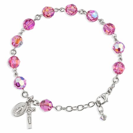 Sterling Silver Rosary Bracelet Created with 8mm Pink Swarovski Crystal Round Beads by HMH