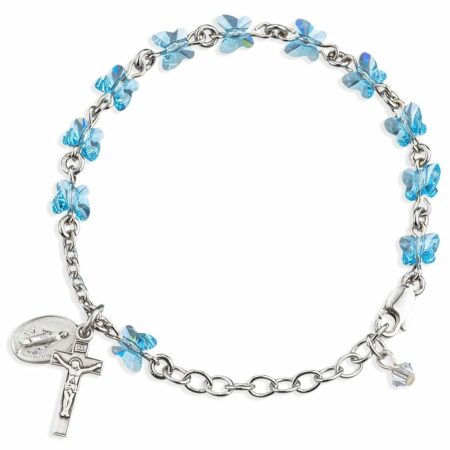Sterling Silver Rosary Bracelet Created with 6mm Aqua Swarovski Crystal Butterfly Beads by HMH