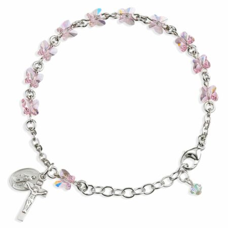 Sterling Silver Rosary Bracelet Created with 6mm Light Rose Swarovski Crystal Butterfly Beads by HMH