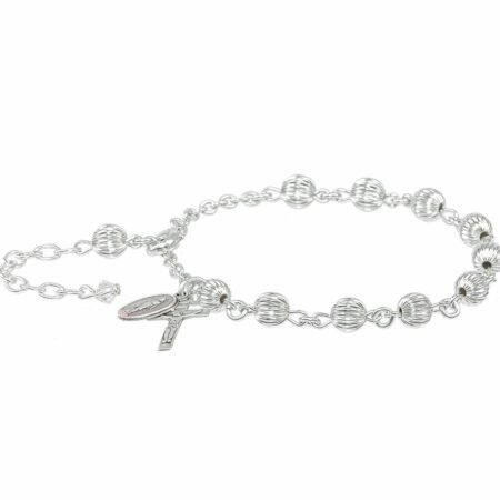 Herringbone Embossed Round Sterling Silver Rosary Bracelet