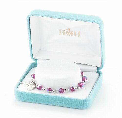 Sterling Silver Rosary Bracelet Created with 6mm Fuchsia Swarovski Crystal Round Beads by HMH - Image 2