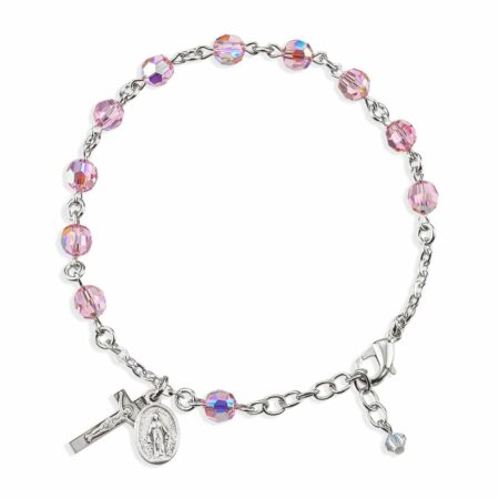 Sterling Silver Rosary Bracelet Created with 6mm Light Rose Swarovski Crystal Round Beads by HMH