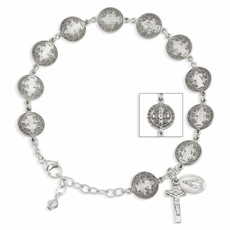 Saint Benedict Round Sterling Silver Rosary Bracelet