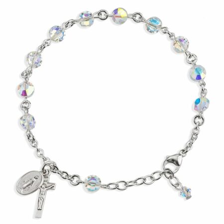 Sterling Silver Rosary Bracelet Created with 6mm Aurora Borealis Swarovski Crystal Semi-Flat Beads by HMH