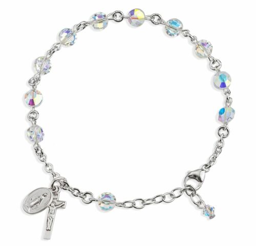 Sterling Silver Rosary Bracelet Created with 6mm Aurora Borealis Swarovski Crystal Semi-Flat Beads by HMH