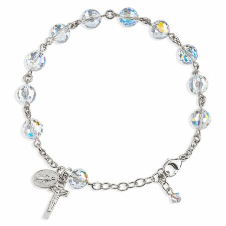 Sterling Silver Rosary Bracelet Created with 8mm Aurora Borealis Swarovski Crystal Multi-Faceted Beads by HMH