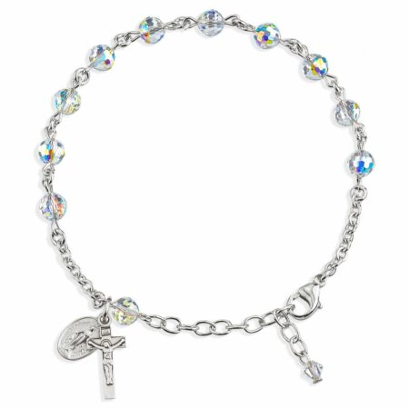 Sterling Silver Rosary Bracelet Created with 6mm Aurora Borealis Swarovski Crystal Multi-Faceted Beads by HMH