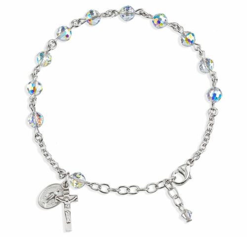 Sterling Silver Rosary Bracelet Created with 6mm Aurora Borealis Swarovski Crystal Multi-Faceted Beads by HMH