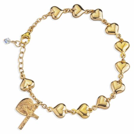 Solid Gold Over Sterling Silver Polished Heart Rosary Bracelet