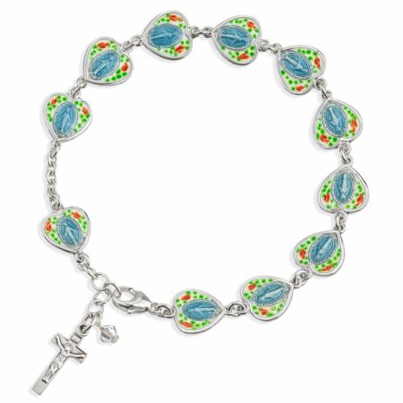 Sterling Silver Cloisonn? Enameled Miraculous Heart Rosary Bracelet