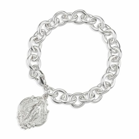 Extra Heavy Solid Sterling Silver Link Style Bracelet with Hail Mary Miraculous Charm