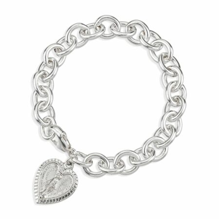 Extra Heavy Solid Sterling Silver Link Style Bracelet with Heart Shape Miraculous Heart Charm