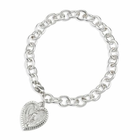 Solid Sterling Silver Linked Bracelet with Heart Shape Miraculous Medal Charm