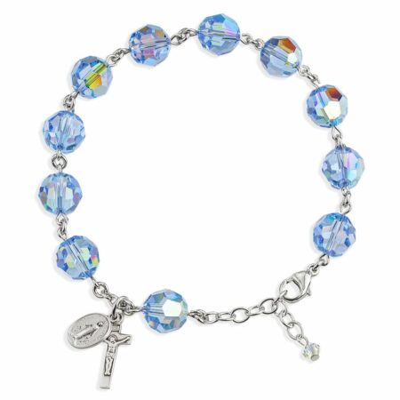 Sterling Silver Rosary Bracelet Created with 10mm Light Sapphire Swarovski Crystal Round Beads by HMH