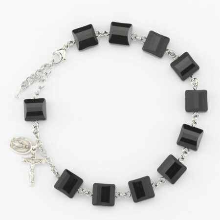 Rosary Bracelet Created with 15mm Jet Black Swarovski Crystal Multi-Faceted Square Beads by HMH