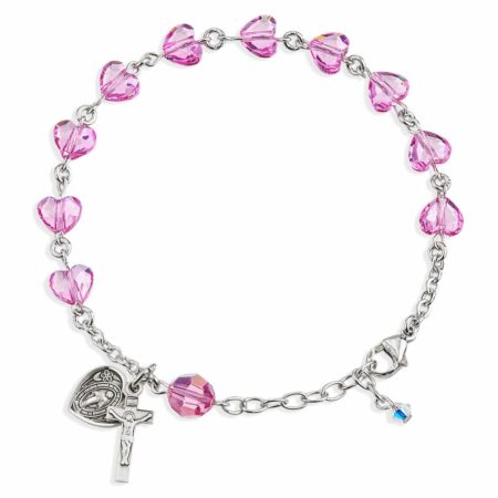 Rosary Bracelet Created with 8mm Pink Swarovski Crystal Heart Shape Beads by HMH