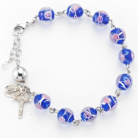 Venetian Style Round Blue with Pink Flowers Glass Bead Rosary Bracelet