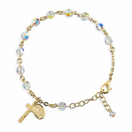 Gold Plated Rosary Bracelet Created with 6mm Aurora Borealis Swarovski Crystal Round Beads by HMH