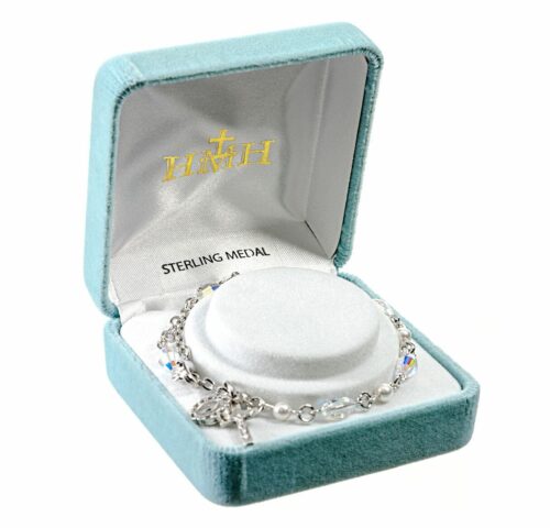 Round Crystal Rosary Bracelet Created with 6mm Swarovski Crystal Aurora Borealis and White Pearl Beads by HMH