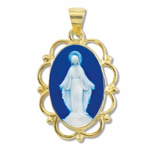 Dark Blue Gold Over Sterling Silver Cameo Miraculous Medal - Image 2