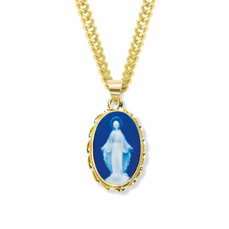 Dark Blue Gold Over Sterling Silver Cameo Miraculous Medal